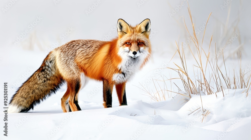 A stunning red fox standing in a snowy landscape with dry grass, showcasing its beautiful fur and natural surroundings. A stunning red fox standing in a snowy landscape with dry grass, showcasing its beautiful fur and natural surroundings.
