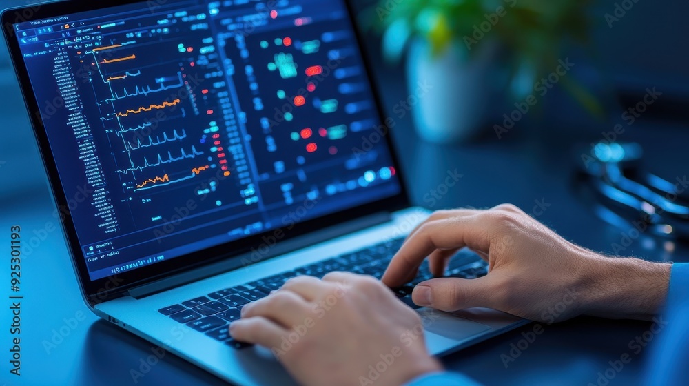 Close-up of hands typing on a laptop with data analysis on screen in a modern workspace, symbolizing technology and productivity. Close-up of hands typing on a laptop with data analysis on screen in a modern workspace, symbolizing technology and productivity.