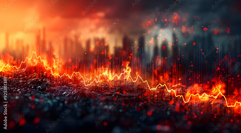 Burning Cityscape with Line Graph Abstract Background Burning Cityscape with Line Graph Abstract Background