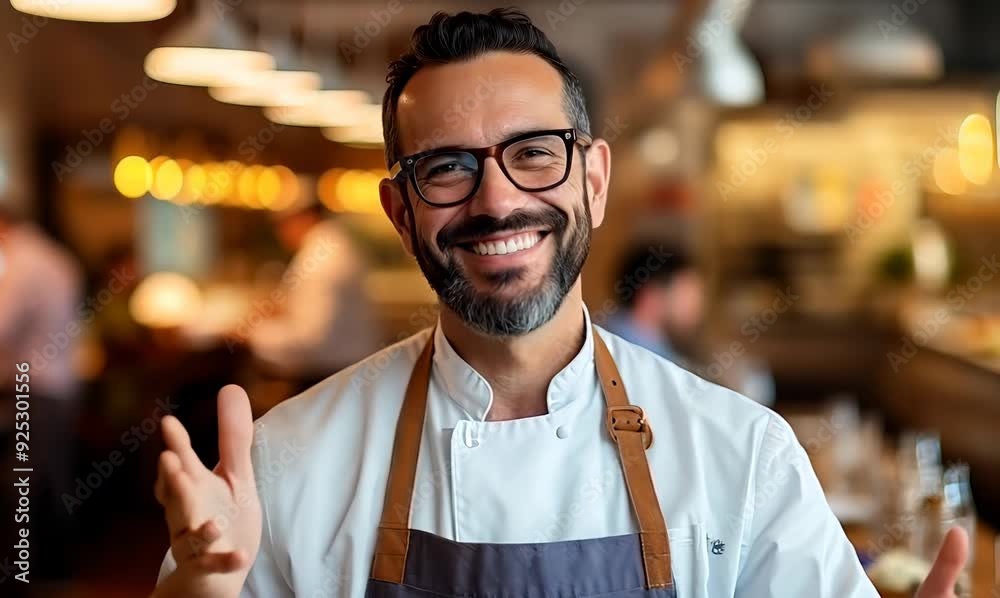 Portrait of a smiling bearded waiter standing with arms crossed in a cafe