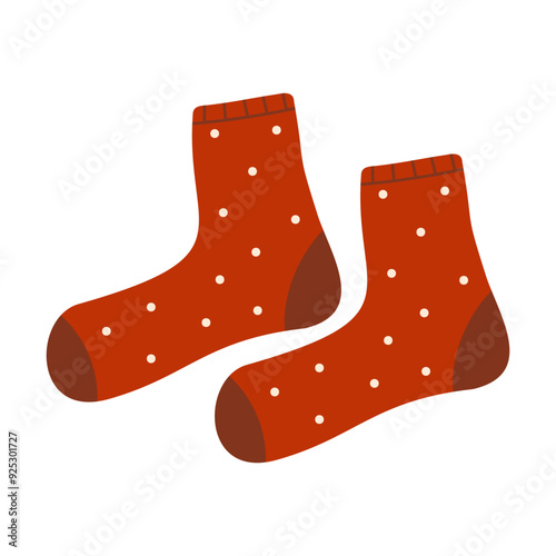 Cozy Cute Red Polka Dot Knitted Socks Design Flat Hand drawn Vector Illustration Clipart Isolated. Print ready scalable graphic design elements for stickers, posters, postcard, wall art decoration