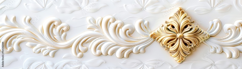 Elegant ornate molding with intricate gold and white design, perfect for upscale home decor or luxurious interior accents. Elegant ornate molding with intricate gold and white design, perfect for upscale home decor or luxurious interior accents.