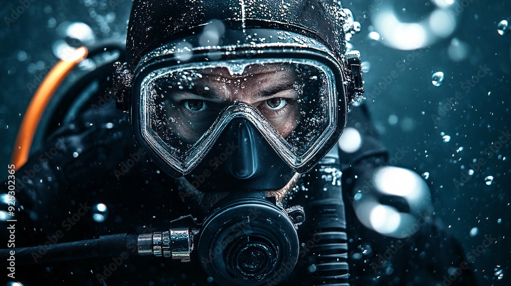 A commercial diver in a wetsuit inspecting underwater structures with a focused expression, surrounded by bubbles A commercial diver in a wetsuit inspecting underwater structures with a focused expression, surrounded by bubbles