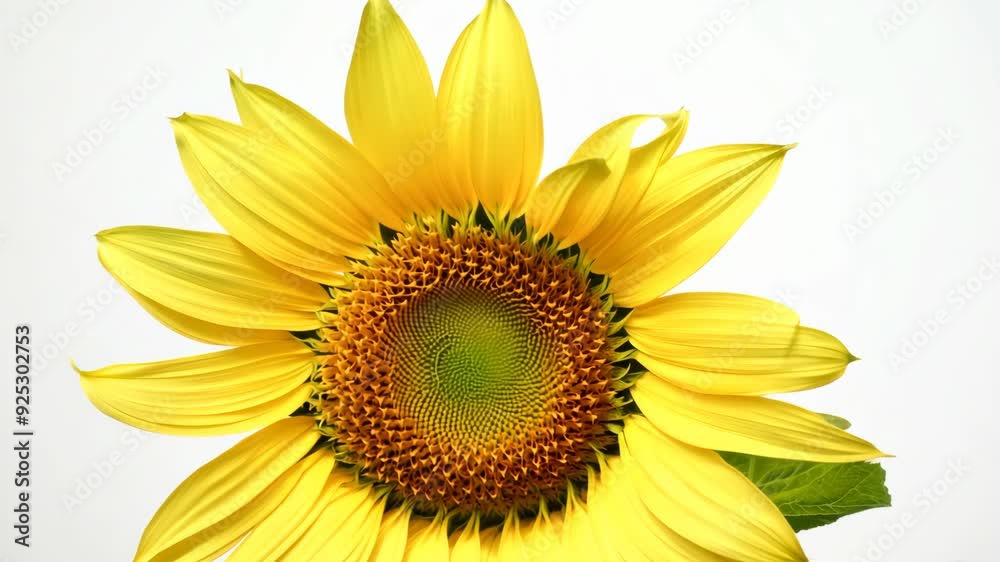 Sunflower with bright yellow petals on white background, detailed center focus Sunflower with bright yellow petals on white background, detailed center focus
