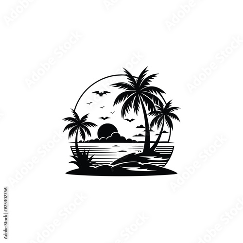 Sunset Minimalist and Simple silhouettes of palm trees Vector illustration, Minimalist and Flat Logo. tropical landscape Sunset black vector illustration.