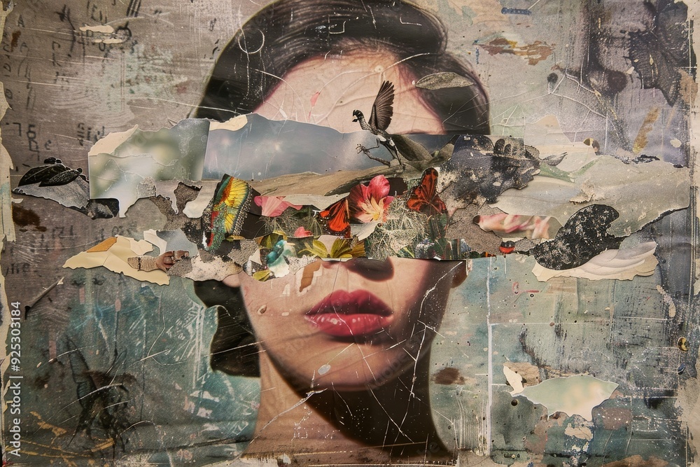 Fototapeta A collage featuring a womans face with a bird flying overhead, Reflecting the raw truth of human existence in a collage