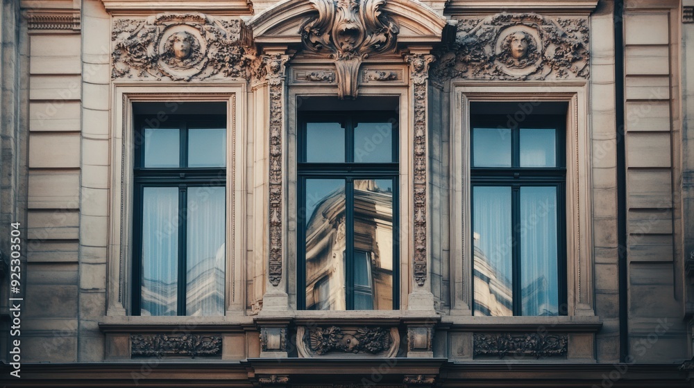 Ornate Stone Facade with Windows Reflecting an Architectural Detail Ornate Stone Facade with Windows Reflecting an Architectural Detail