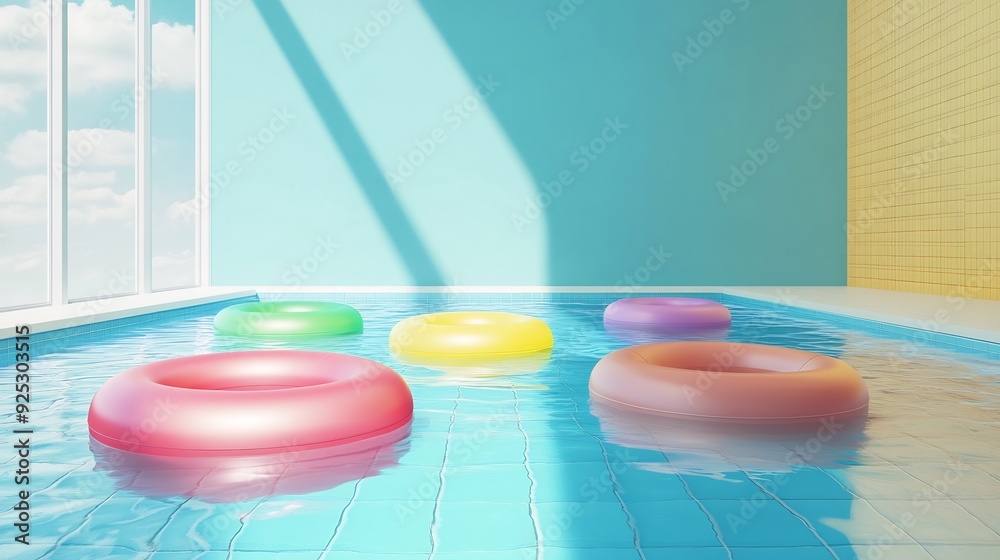 swimming pool seen from above with many rings floating swimming pool seen from above with many rings floating