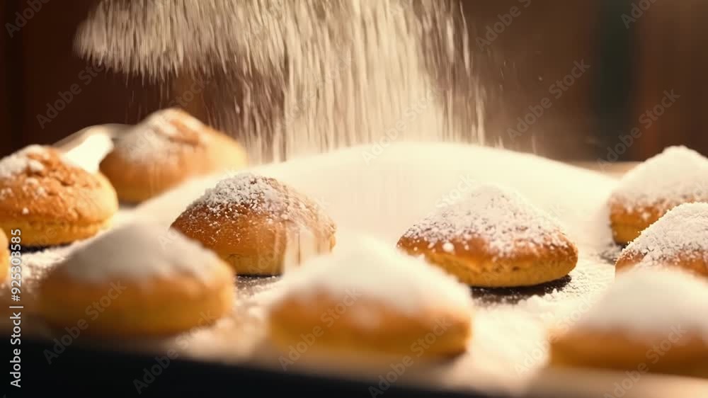 Delicious cookies fresh out of the oven, covered with powdered sugar on a baking sheet in a cozy kitchen, look mouthwatering and tempting Delicious cookies fresh out of the oven, covered with powdered sugar on a baking sheet in a cozy kitchen, look mouthwatering and tempting
