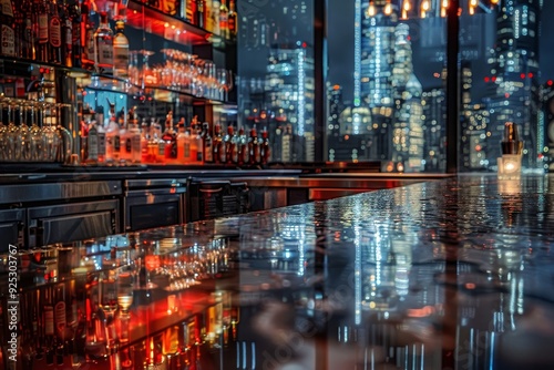 A bar showcasing a variety of alcohol bottles with city lights reflecting on the sleek bar counter, Reflections of city lights shimmering on a sleek bar