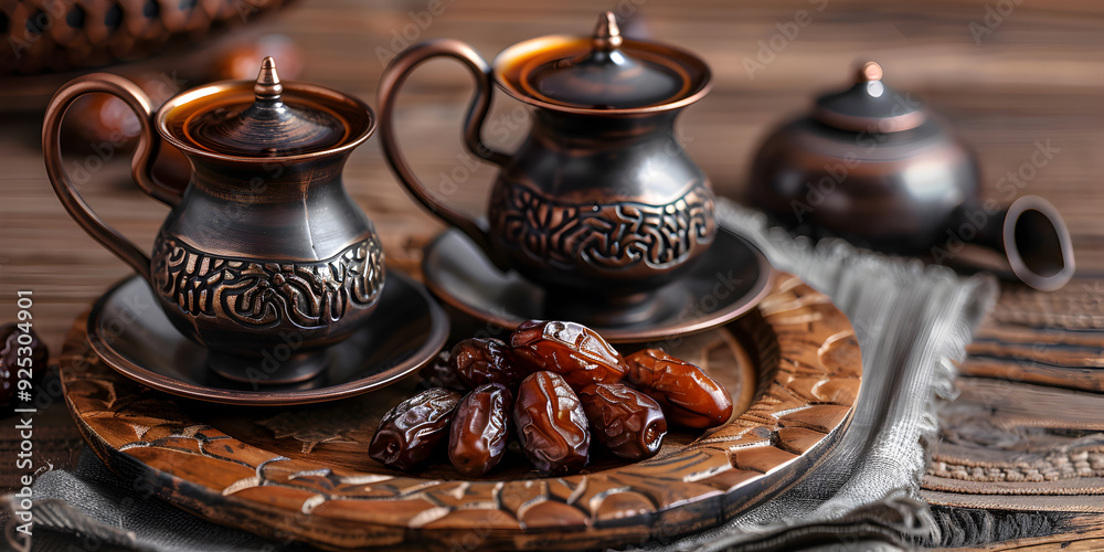 Fototapeta premium Traditional arabic coffee with dates Ramadan decor with Arabian coffee set