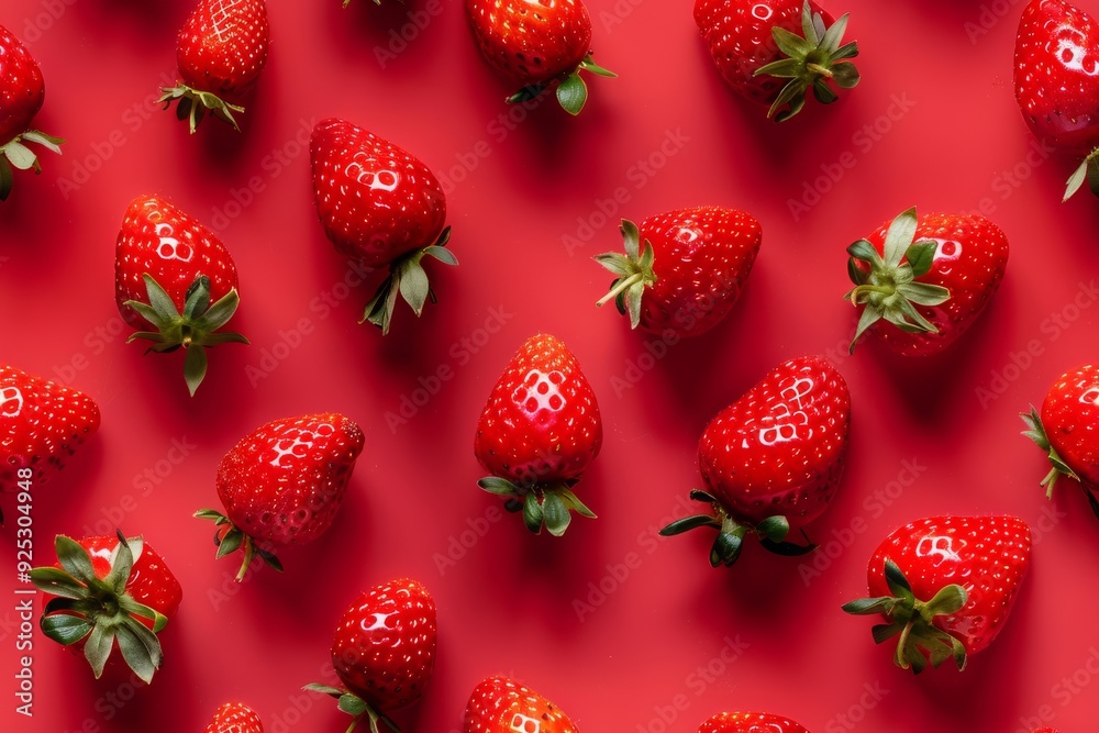 Red strawberries scattered across a vivid red background creating a vibrant and delicious pattern. Seamless Pattern. AI generated images. Red strawberries scattered across a vivid red background creating a vibrant and delicious pattern. Seamless Pattern. AI generated images.