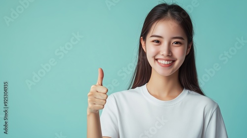 Happy Woman Giving Thumbs Up,  Smiling with White Teeth