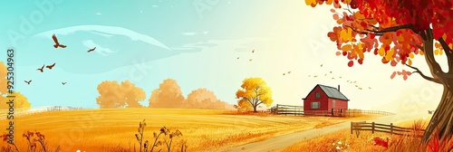 Illustration of the rural landscape in autumn, warm sunny day. 