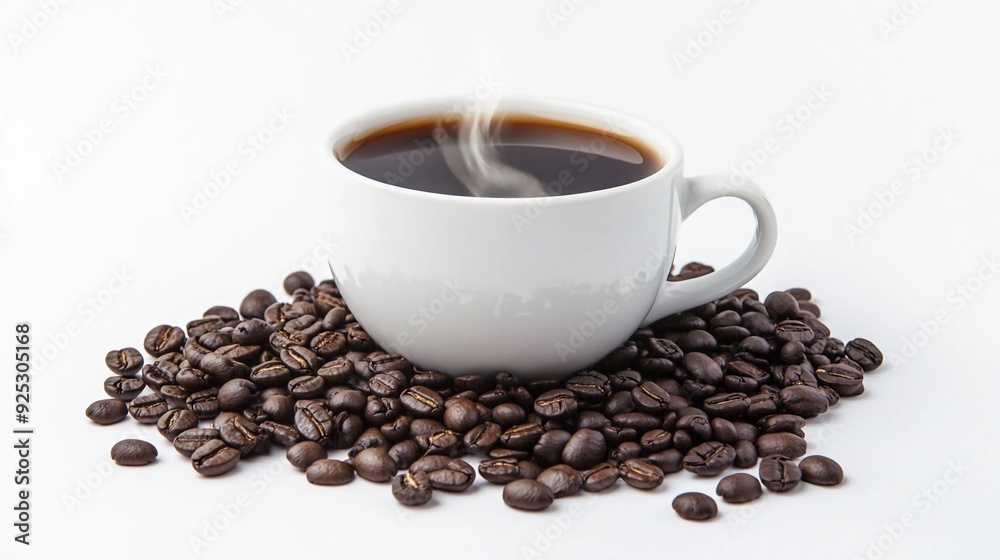 A steaming cup of coffee surrounded by coffee beans. A steaming cup of coffee surrounded by coffee beans.