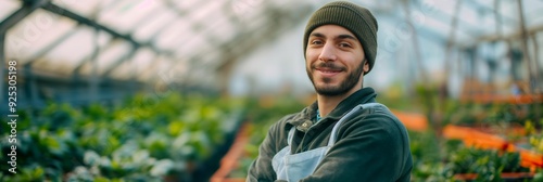 A cheerful gardener wearing a beanie and an apron stands in a greenhouse filled with green plants, smiling warmly at the camera. photo