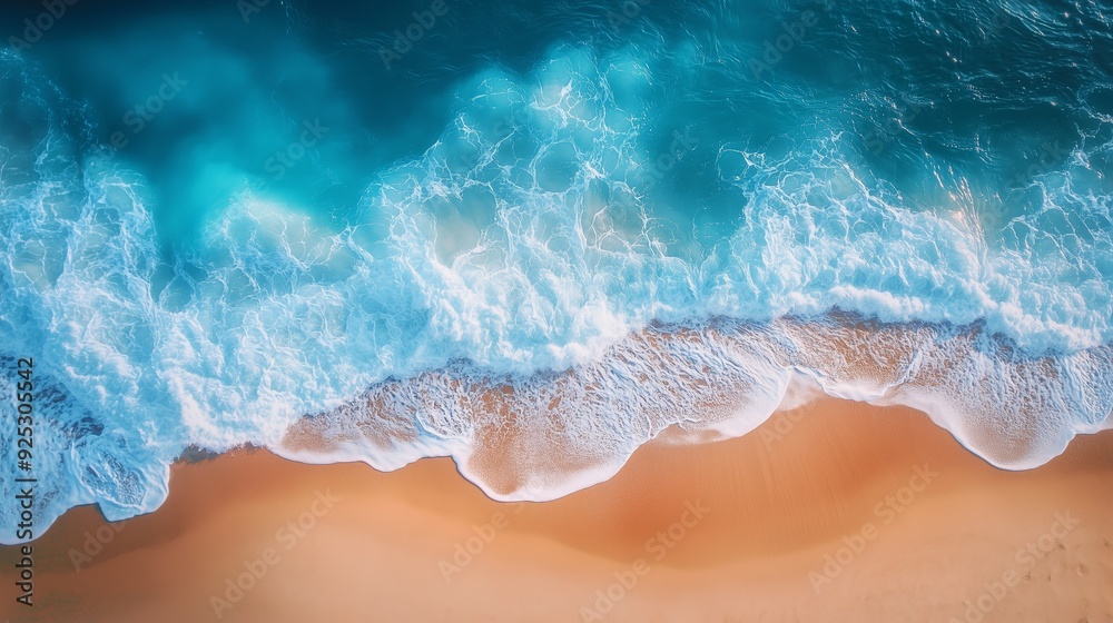 Aerial View of Blue Ocean Waves Crashing on a Sandy Beach Aerial View of Blue Ocean Waves Crashing on a Sandy Beach
