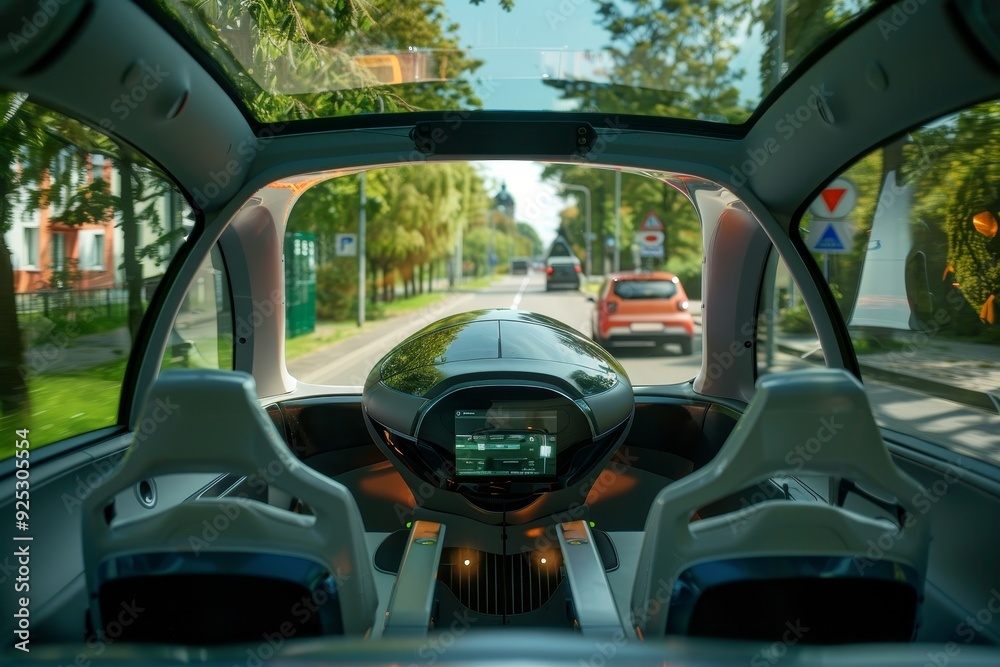 Looking out through the windshield of a car at a busy street with cars and pedestrians, Reflect on the possibilities of self-driving cars and their impact on transportation Looking out through the windshield of a car at a busy street with cars and pedestrians, Reflect on the possibilities of self-driving cars and their impact on transportation