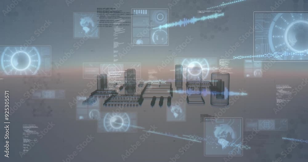 Analyzing data with digital interface over futuristic cityscape, technology concept Analyzing data with digital interface over futuristic cityscape, technology concept