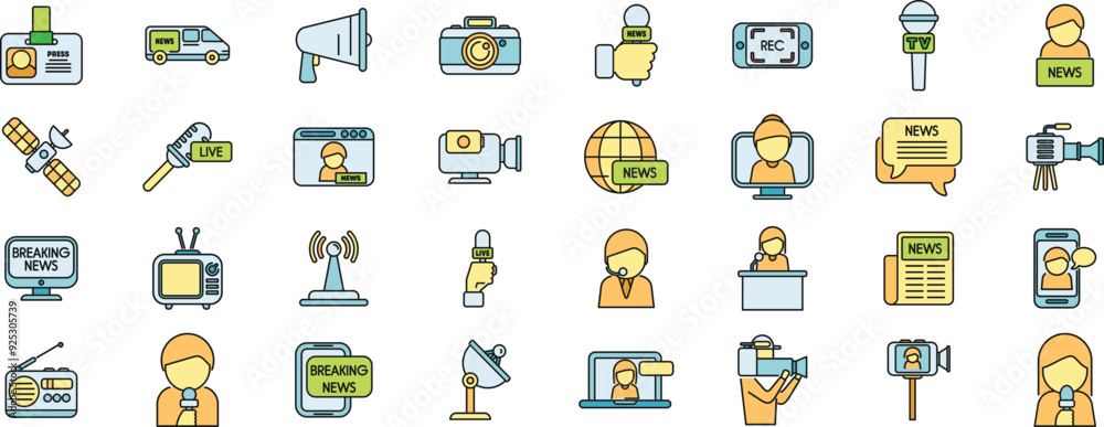 This set of outline icons depicts journalists working with professional equipment