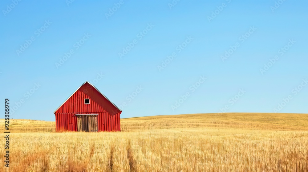 A rustic red barn surrounded by fields of golden wheat under a clear blue sky. A rustic red barn surrounded by fields of golden wheat under a clear blue sky.