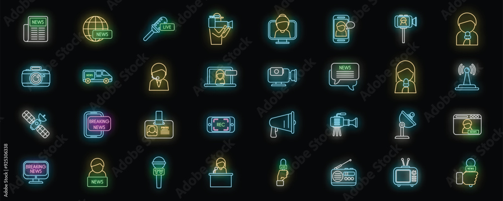 Neon icon set representing various aspects of news and media broadcasting, featuring journalists, equipment, and technology Neon icon set representing various aspects of news and media broadcasting, featuring journalists, equipment, and technology
