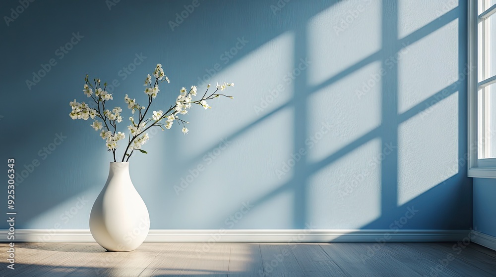 Create 5 prompts for stock photos related to A blue room with a window and a white vase with flowers with 100-200 characters and ending with Create 5 prompts for stock photos related to A blue room with a window and a white vase with flowers with 100-200 characters and ending with