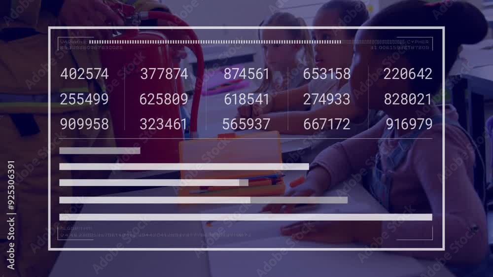 In school, data processing animation over children studying in classroom