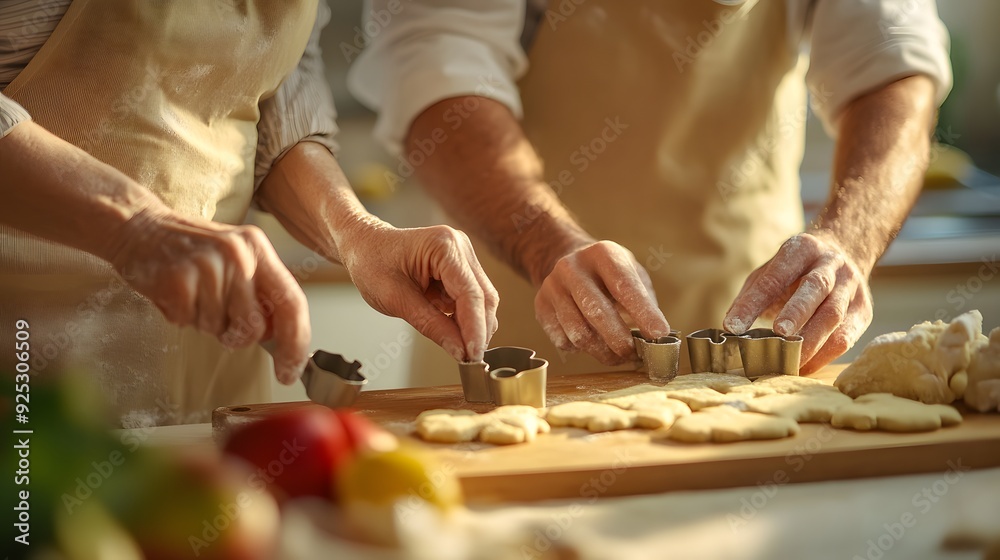 Photograph of woman and man making cookies together in the kitchen, hands close-up with aprons on wooden boards for dough and colorful cutters on table, warm white lighting, close up, kitchen