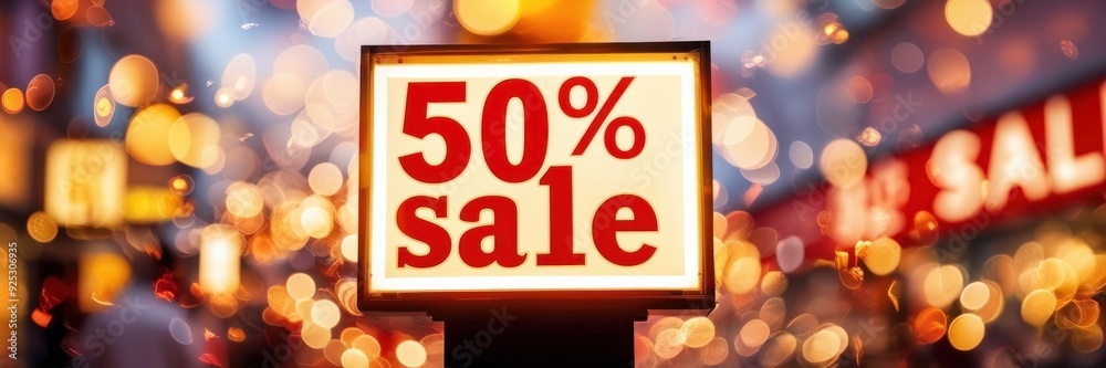 50% SALE sign against blurred cityscape with bokeh lights. Black Friday and Cyber Monday concept. Copy space template web site banner 50% SALE sign against blurred cityscape with bokeh lights. Black Friday and Cyber Monday concept. Copy space template web site banner