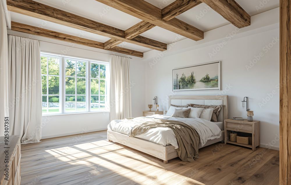 Modern Bedroom with Wooden Beams. Modern Bedroom with Wooden Beams.