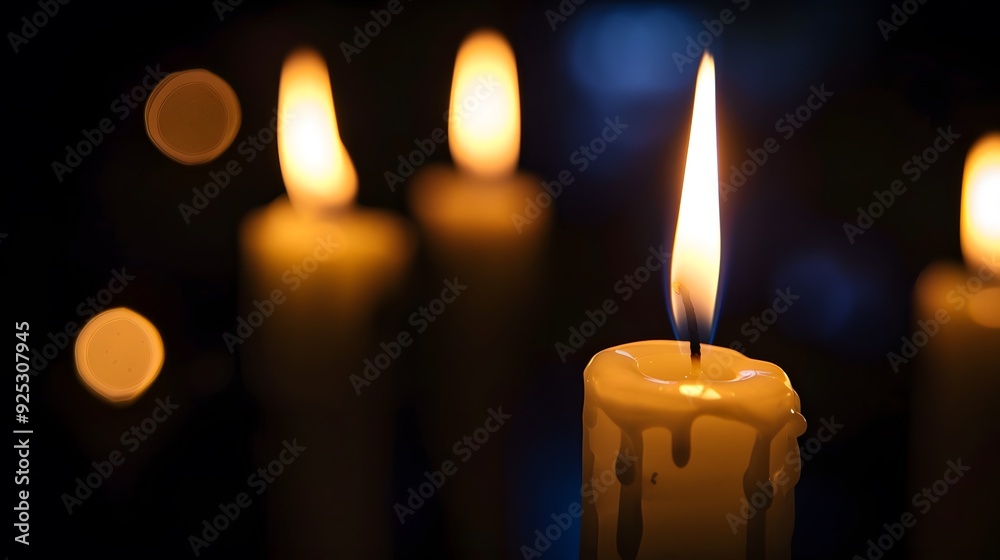 A single candle with melted wax stands out against a dark background illuminated by warm light A single candle with melted wax stands out against a dark background illuminated by warm light