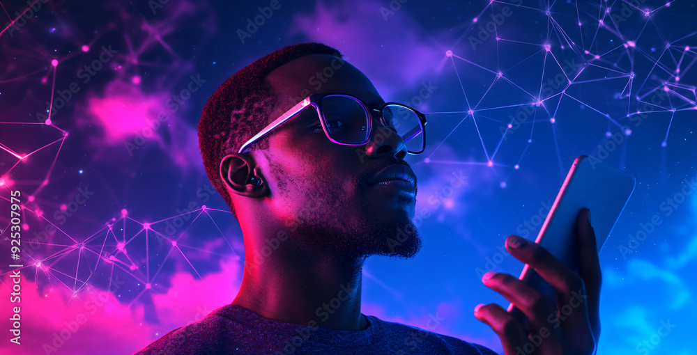 Man using smartphone with neon light. Man using smartphone with neon light.