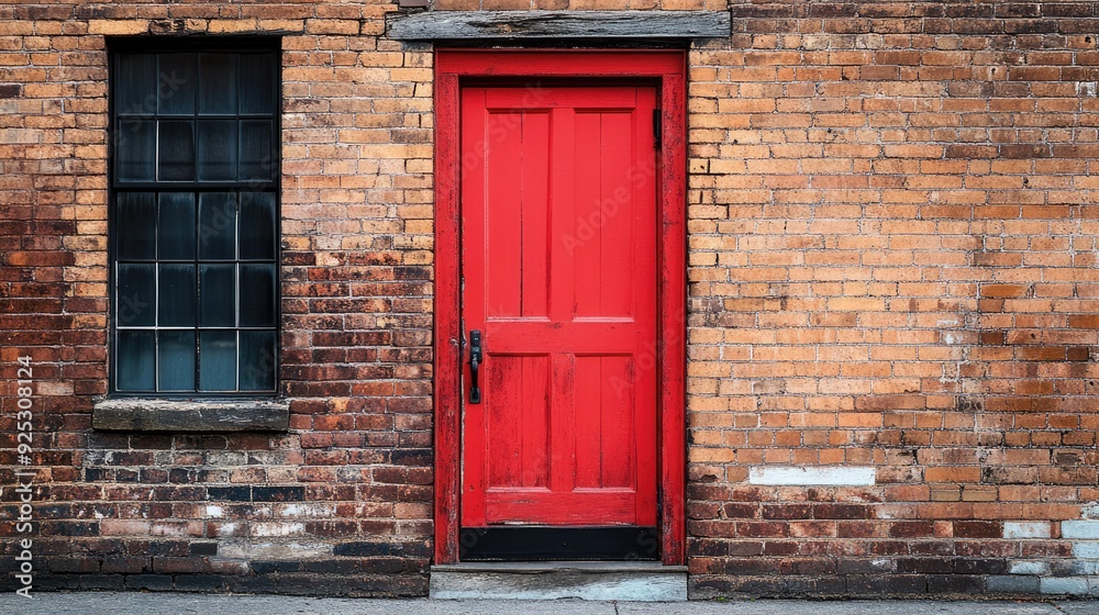 Create 5 prompts for stock photos related to A red door with a black handle sits in front of a brick building with 100-200 characters and ending with Create 5 prompts for stock photos related to A red door with a black handle sits in front of a brick building with 100-200 characters and ending with