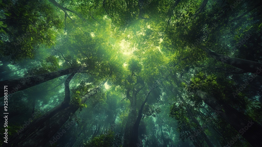Fototapeta premium A Misty Forest Canopy Viewed From Below