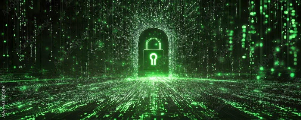Code matrix forming a secure lock, neon green and black, minimalistic, vector art Code matrix forming a secure lock, neon green and black, minimalistic, vector art