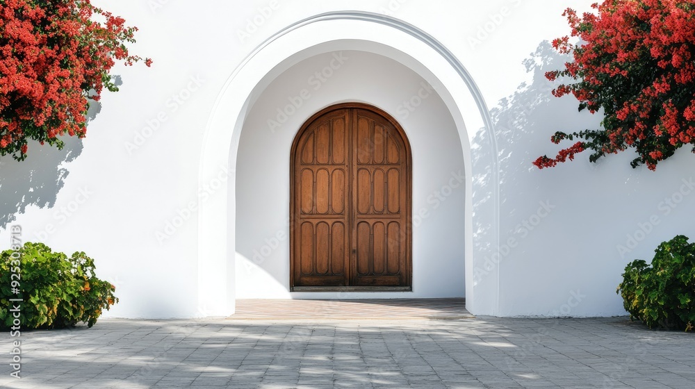 Fototapeta premium Create 5 prompts for stock photos related to A white building with a large archway and a wooden door with 100-200 characters and ending with
