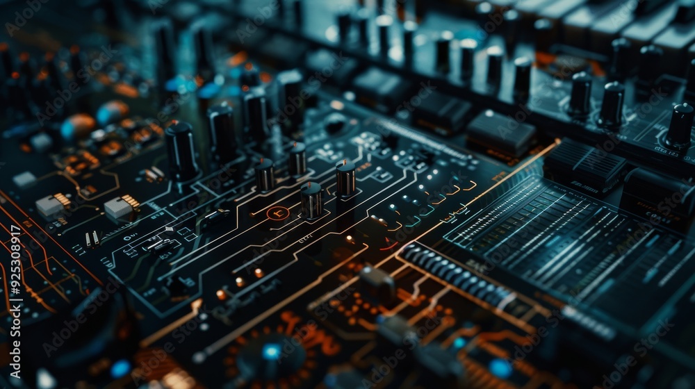 Close-Up of a Futuristic Circuit Board: Technology and Innovation Close-Up of a Futuristic Circuit Board: Technology and Innovation