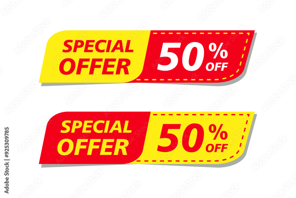 Special offer sale label. 50 percent off on purchase banner. Special offer sale label. 50 percent off on purchase banner.