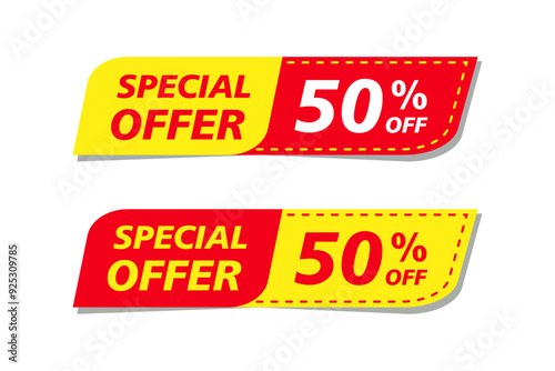 Special offer sale label. 50 percent off on purchase banner.