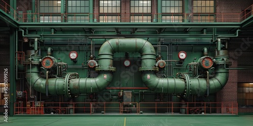 Industrial penstock pipes inside a large industrial building photo