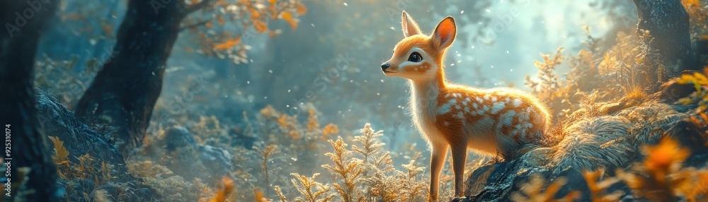Obraz premium AI Character Interacting with 3D Cartoon Animals, vibrant forest, detailed fur textures