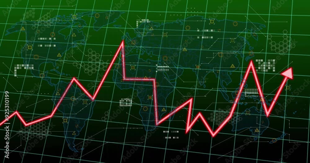 Rising red line graph animation over world map with data points and grid Rising red line graph animation over world map with data points and grid