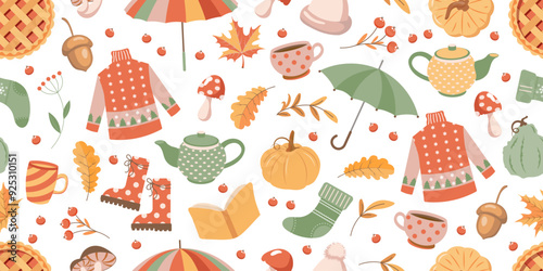 Autumn elements seamless pattern, cute hand drawn seasonal objects. Fall season cozy elements background. Illustration in flat style