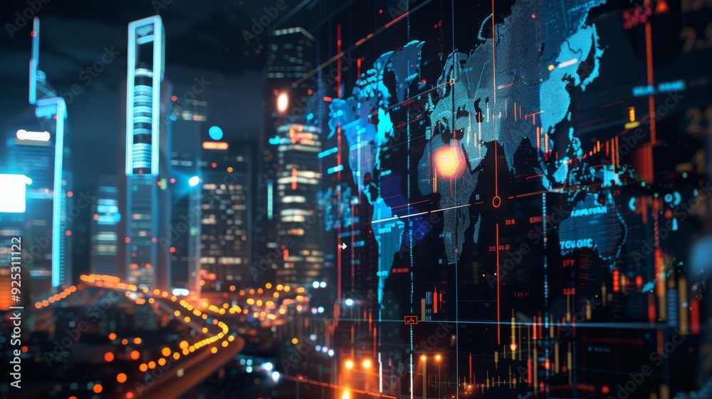 Digital World Map: Global Network and Cityscape Digital World Map: Global Network and Cityscape