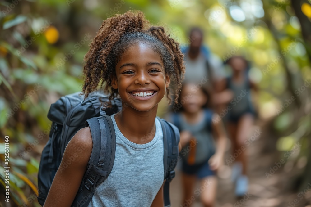 Young girl smiling while hiking through a lush forest with family members during a sunny day Young girl smiling while hiking through a lush forest with family members during a sunny day