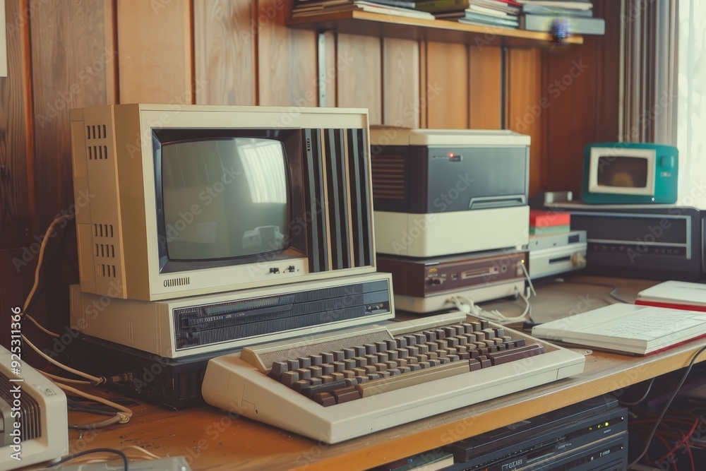 A contemporary desk with a monitor, keyboard, mouse, and various electronic gadgets, Retro computer system with a dot matrix printer A contemporary desk with a monitor, keyboard, mouse, and various electronic gadgets, Retro computer system with a dot matrix printer