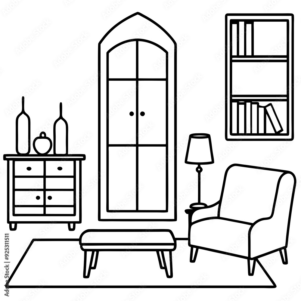 A big room with a sofa, table with lamp, chair and armoire and bookcase art vector illustrator A big room with a sofa, table with lamp, chair and armoire and bookcase art vector illustrator