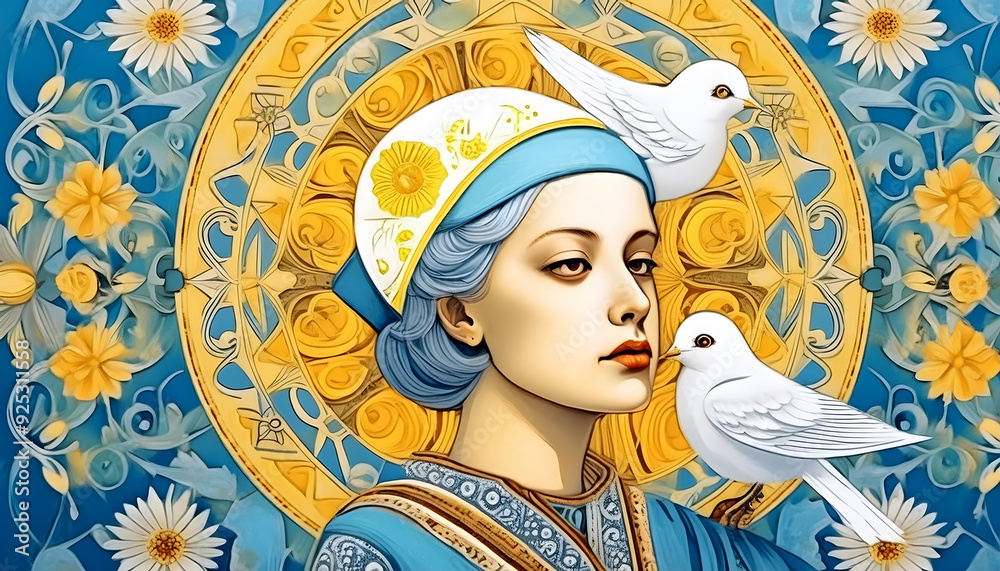 Fototapeta premium frau, ukrainisch, taube, kunst, close up, flagge, fahne, stickerei, frieden, feier, ukraune, unabhängigkiet, tag, der, floral, design, 2d, blumen, blüten, dekor, ornamente, muster, neu, Graphik, ad, 1