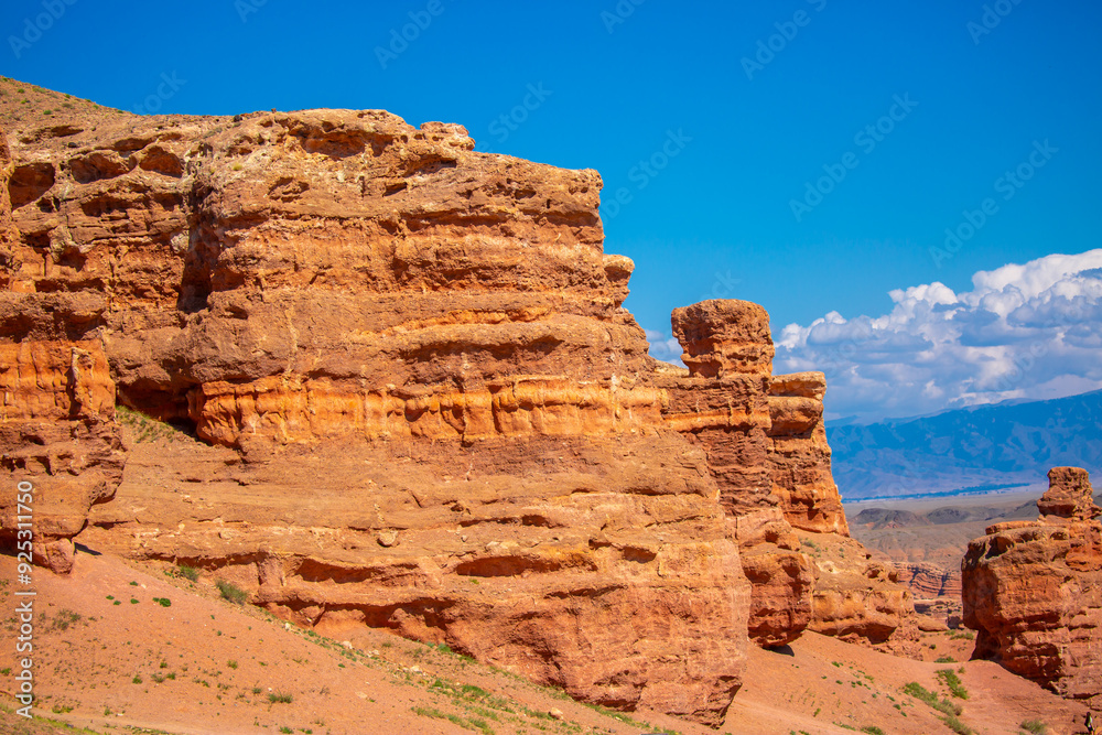 Charyn Canyon, Valley of Castles. The excellence of Kazakhstan. Panorama of natural unusual landscape. The red canyon of extraordinary beauty looks like a Martian landscape.